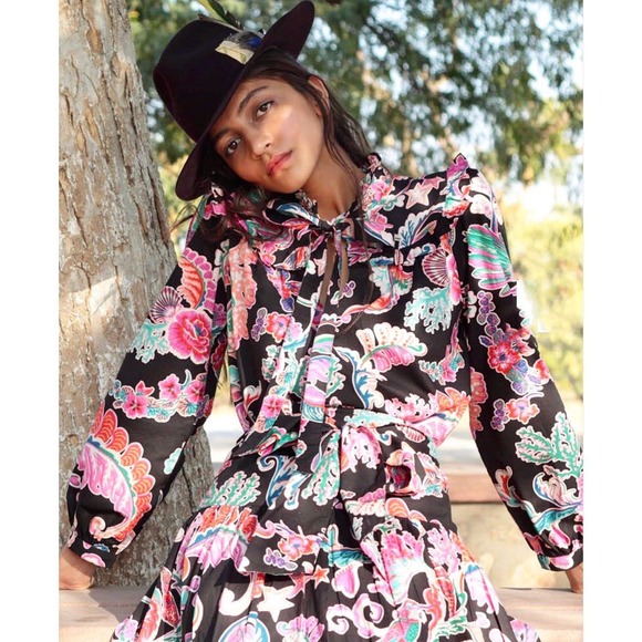 Banjanan Tops - Banjanan Bethany Tie Neck Ruffle Top Small Rococo Fantasy Bird Print Black